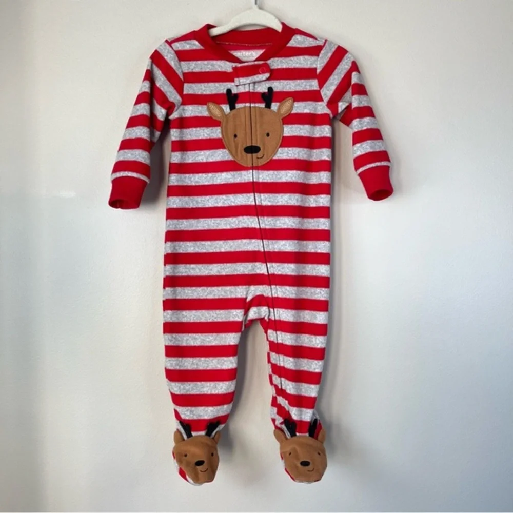 Carter's Baby 6M Red & Gray Striped Fleece Footie Cute Reindeer Feet Holiday